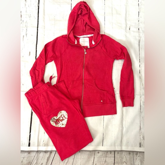 VS Victoria’s Secret Sequin Bling Zip Up Jacket Boyfriend Sweat Pants Red Set XS - Picture 1 of 13